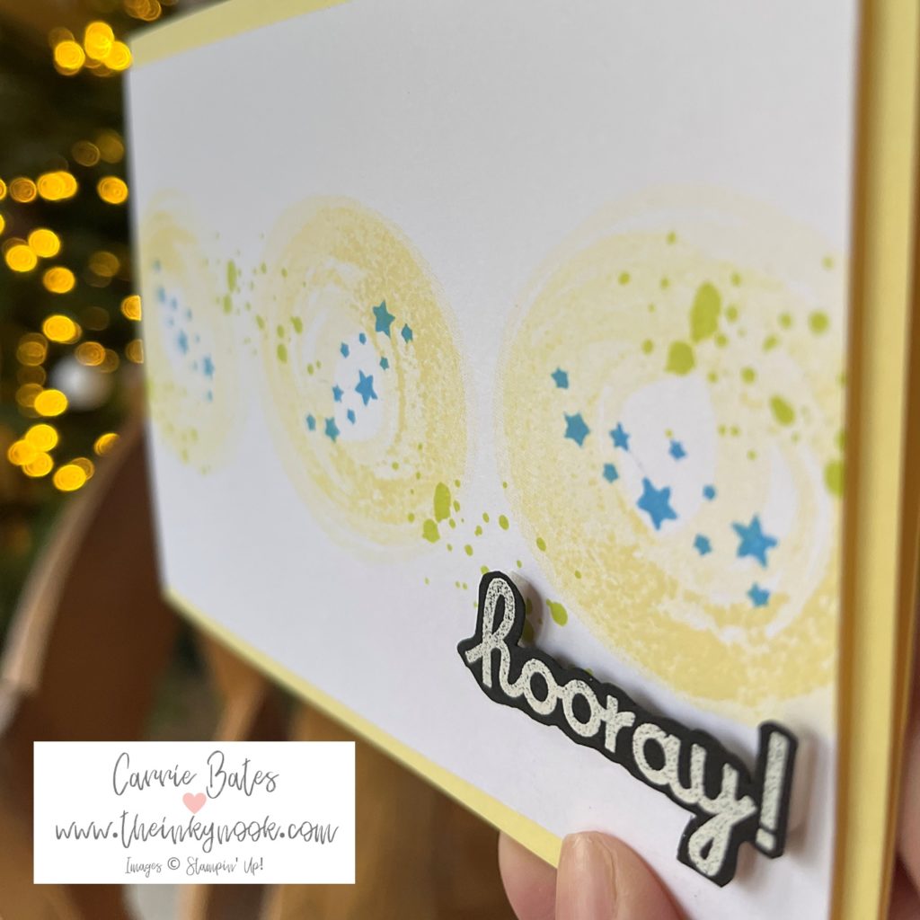 Simple teenager birthday card with a soft yellow card base topped with a white layer. The white layer has 3 yellow circles across the middle, with 3 blue star rows and some random light green ink splodges