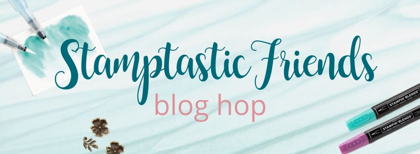 Stamptastic Friends blog hop wording in blue and pink font