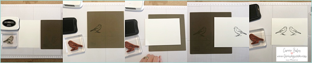 5 step by step images showing a bird stamp, black ink pad with a piece of white card and a silicone mat.  Showing how to reverse stamp.