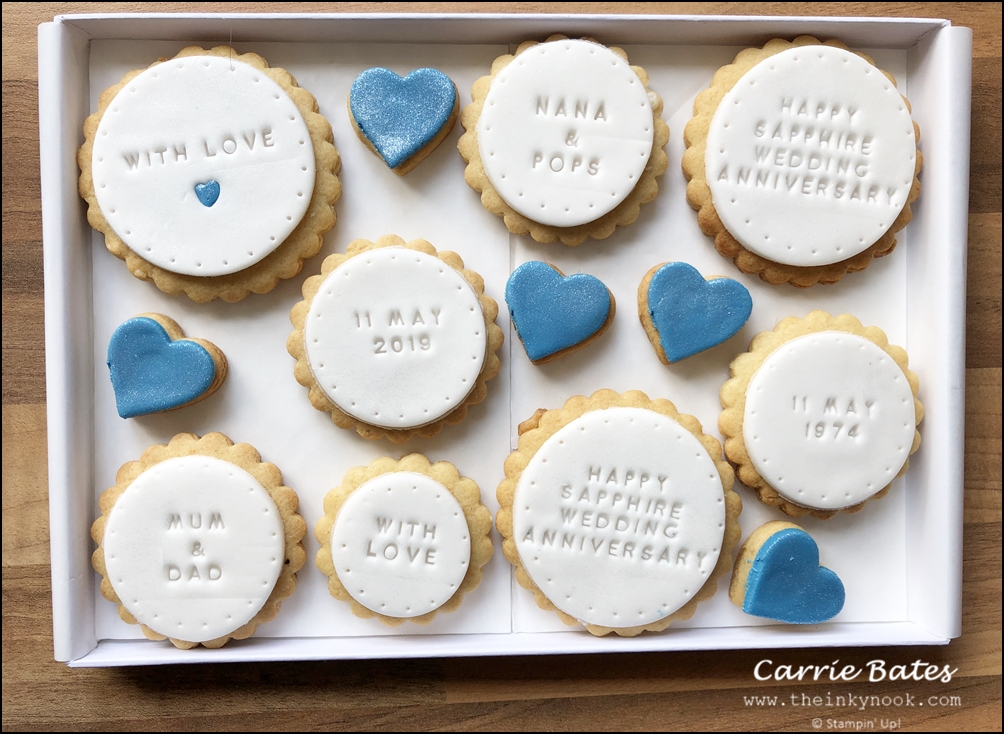 Sapphire wedding anniversary hand stamped biscuits in blue and white from the Kitsch Hen