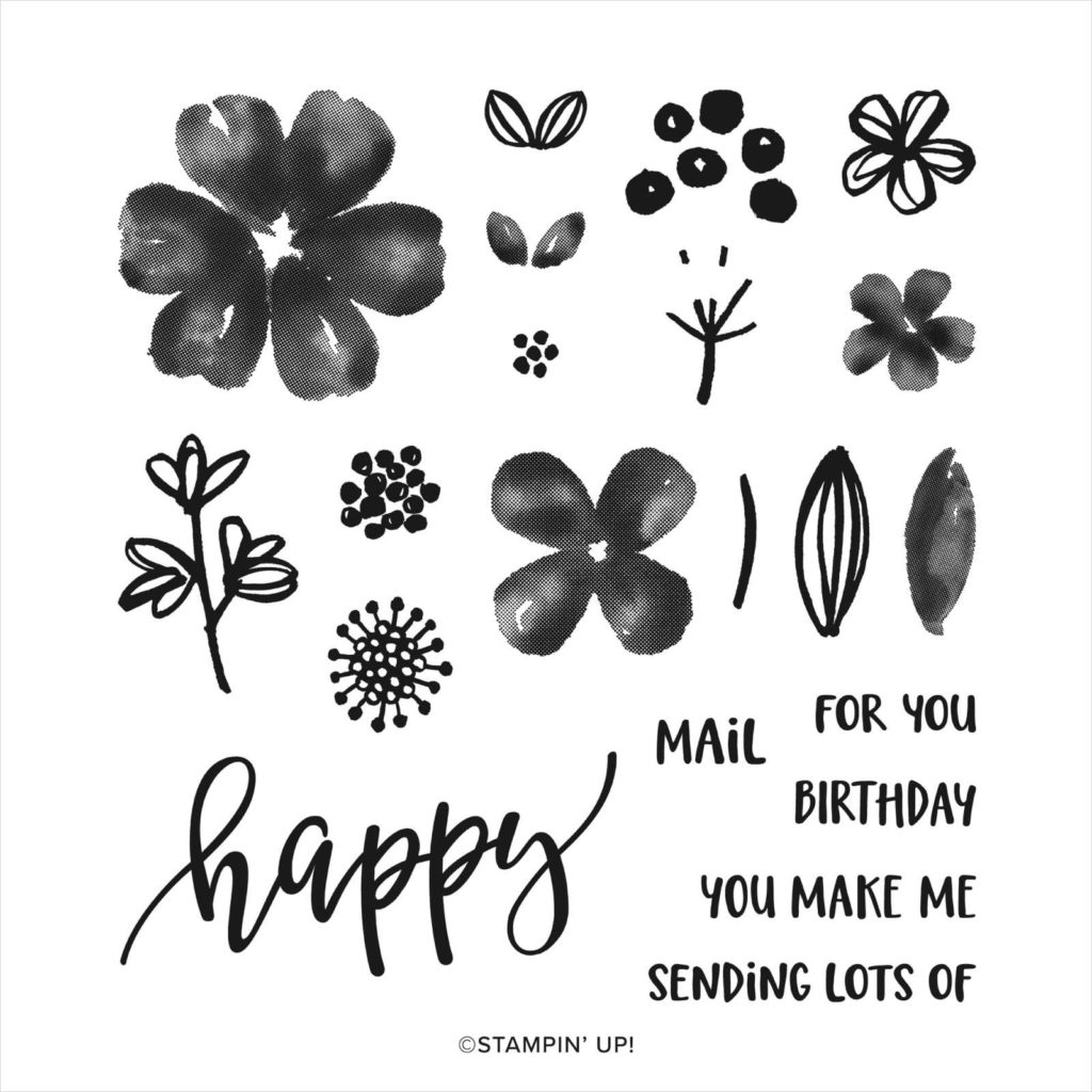 Picture of floral, leaf stamps from Pretty Perennials stamp set.  Images contrain pansy and daisy style flowers with some large and small leafs and pollen centres.  Words include: happy, birthday, mail, for you, you make me, sending lots of.  Use for a making a happy card