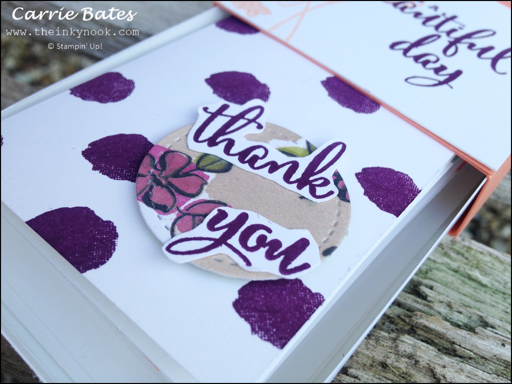 Close up of the sentiment 'thank you' stamped in purple on a notecard stamped with purple big spots. Free tutorial on how to make an easel top matchbox at end of post