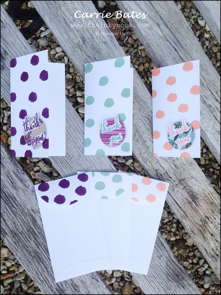 3 slimline notecards with matching envelopes - each card is covered with big spots in one colour.  From left to right: purple, green and orange.  Each card has the sentiment 'thank you' stamped in the same colour as the dots on that card and fussy cut out.  The sentiment is mounted on a circle of designer series paper. Free tutorial on how to make an easel top matchbox at end of post