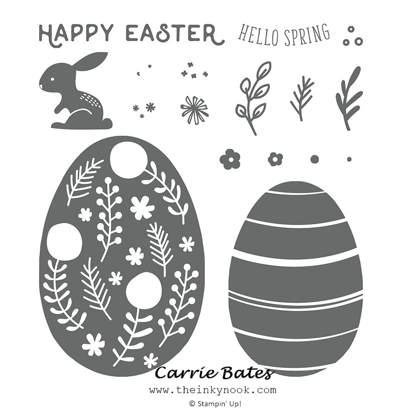 Hello Easter stamp set images consisting of a bunny, 2 easter eggs, Happy Easter, Hellow Spring and some flowers and leaf images.