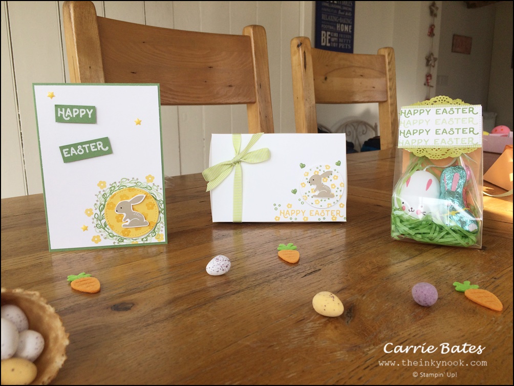 Easter craft inspiration all handmade consisting of an Easter bunny card, handmade box and cellophane bag filled with Easter themed treats.
