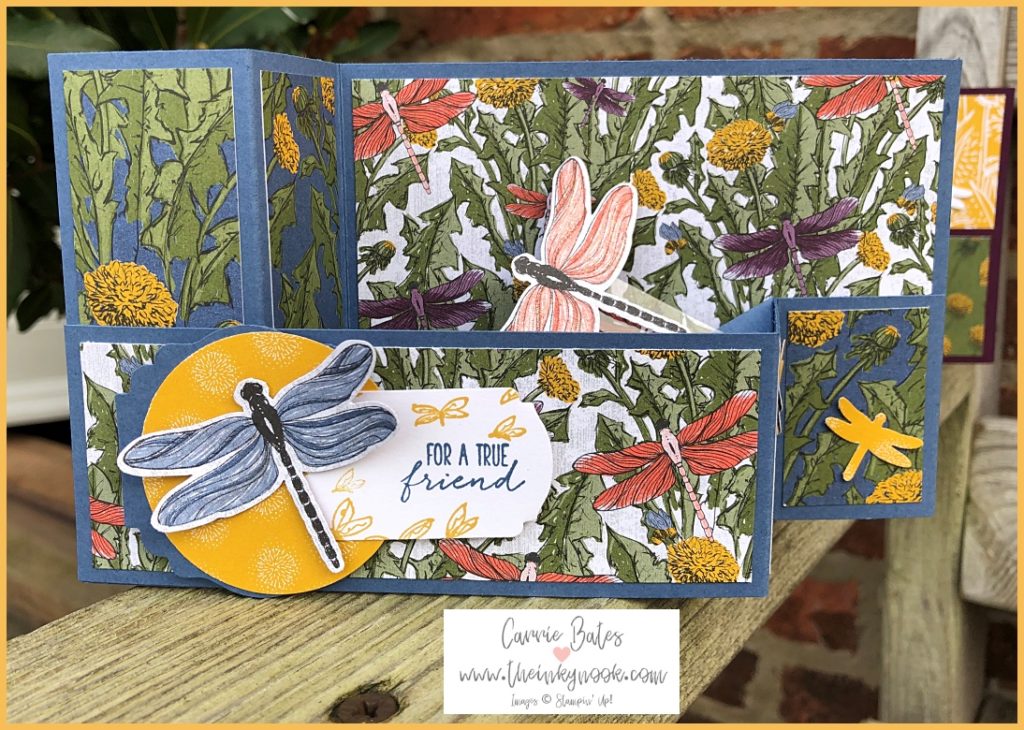 Pretty garden inspired papers covering a blue card base in a z fold shape. Front layer has a blue dragonfly image with a pop up orange dragonfly appearing from behind the front layer
