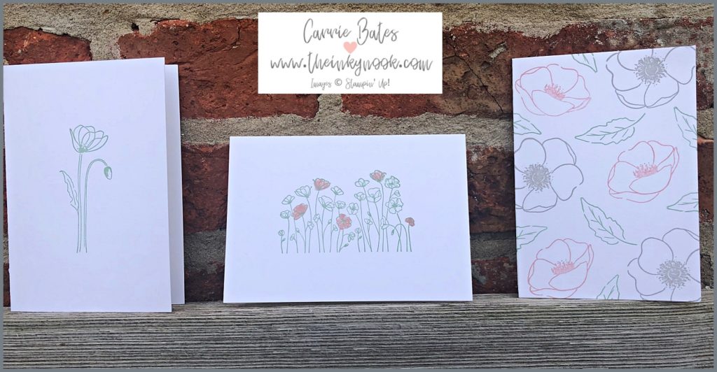 White notecards hand stamped with grey, green and pink poppy flower images.