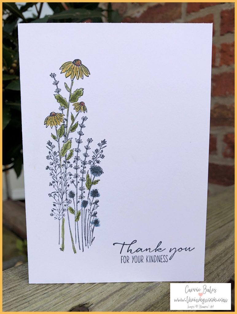 Simple white card with a section of wildflowers featuring grasses, dandelions and thistle type heads. See the rest of the blog post for a pop up card. 