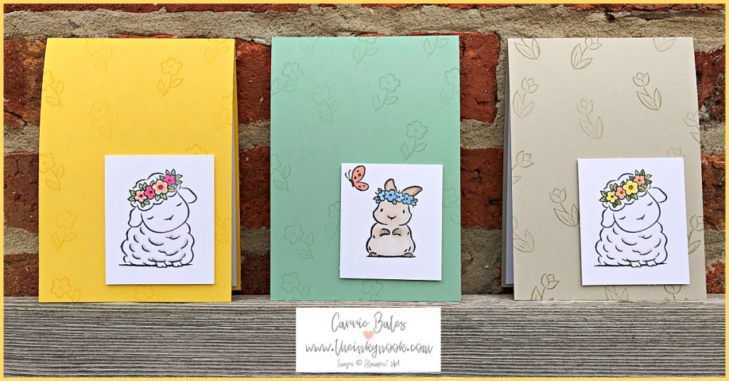 Three simple Easter cards with different colour card bases and topped with a hand stamped Easter lamb or rabbit.