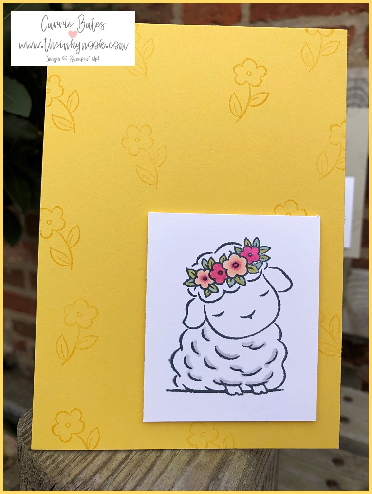 Simple Easter card in yellow with a handstamp lamb on white card wearing a colourful floral crown