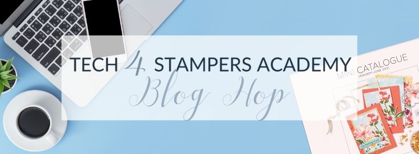 Tech 4 stampers academy blog hop header with a background of a laptop and cup of coffee and stampin' up mini catalgoue