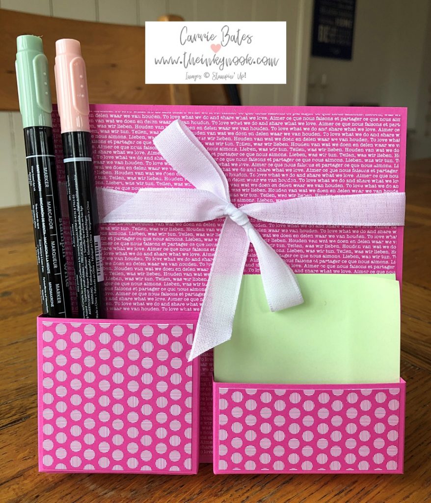 Mini stationery holder made from pink card and designer series paper to hold post it notes and pens