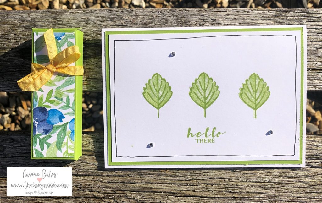 A birthday card showing 3 individual stamped leaves on a green card layer and white card base. The sentiment reads 'hello there'.  A small granny apple green treat box is pictured next to the card topped with blueberry fruit themed paper.