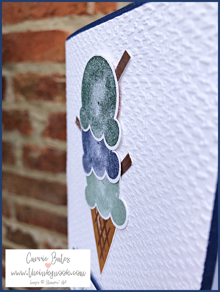 male birthday card on a blue card base with a stamped waffle cone stacked with blue and green ice cream scoops.