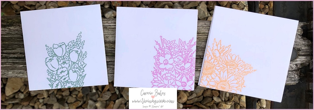 Three mini envelopes handstamped with floral images for storing seeds in a seed storage box.  Images are pink, green and orange in colours.