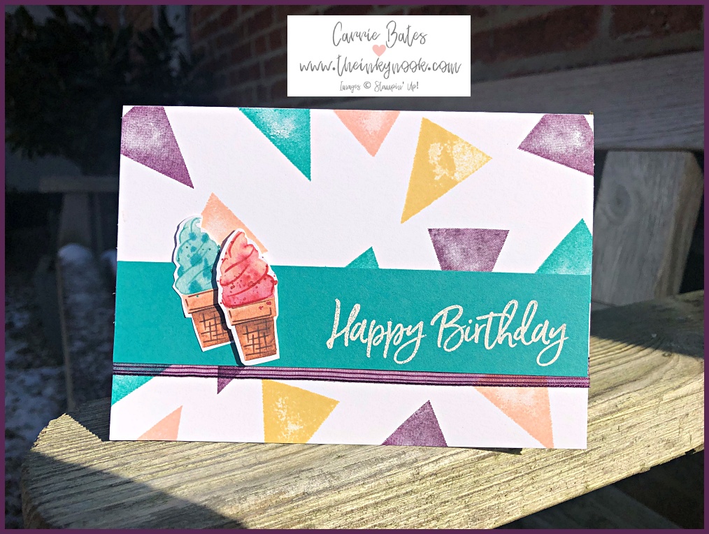 Happy birthday card inspired by the theme here comes summer.  White card base stamped in multiple colours using an ice cream cone stamp.  Topped with a blue banner embossed in white powder saying Happy Birthday with 2 ice creams at the side.