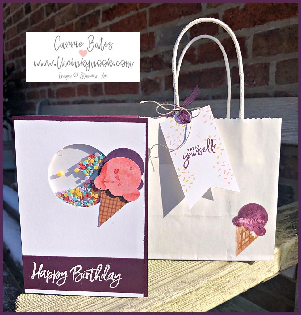 Blackberry Bliss birthday shaker card with ice cream sprinkles and an ice cream cone topped with pink and purple ice cream scoops.  Pictured next to a white gift bag stamped with a purple ice cream scoop and waffle cone stamp.  A white gift tag is attached with blackberry coloured sheer ribbon and twine tied in two bows - here comes summer