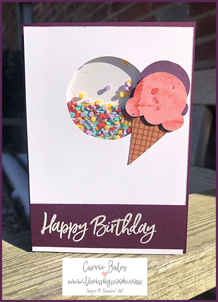 Blackberry Bliss birthday shaker card with ice cream sprinkles and an ice cream cone topped with pink and purple ice cream scoops - here comes summer