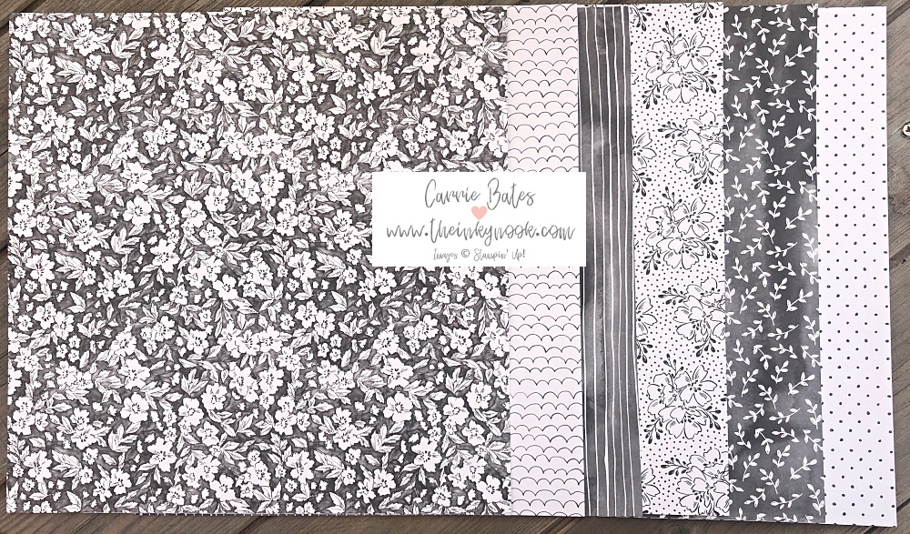 Row of grey on white floral and patterned papers known as Beautifully Penned designer series papers.  Perfect for making simple card for sending gratitude