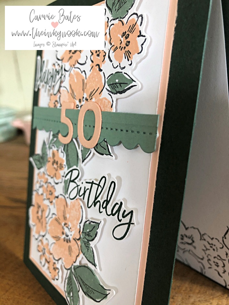 Floral 50th birthday card using green and pink tones with the Hand Penned stamp set