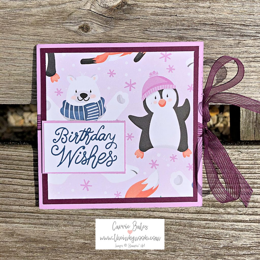 Various 12x12 designer series papers decorated with cute penguins and polar bears in snow scenes. Blog post shares a tutorial on how to make a Christmas fun fold card with the papers.