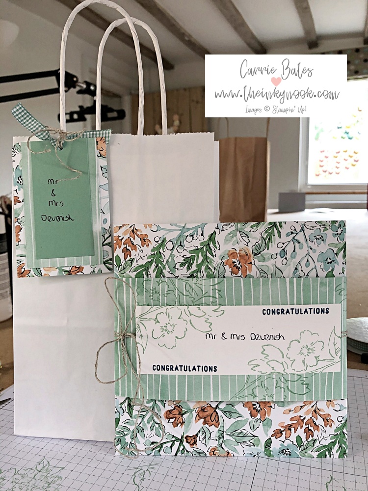Picture of floral gift envelope and white gift bag with floral gift tag to coordinate with a floral wedding card using pretty floral designer series paper.