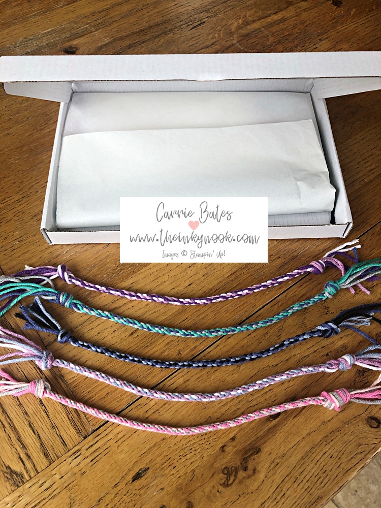 Picture shows 5 completed coloured friendship bracelets from the Crafty Pants summer 2021 wellbeing craft kit. A full video tutorial accompanies the craft kit