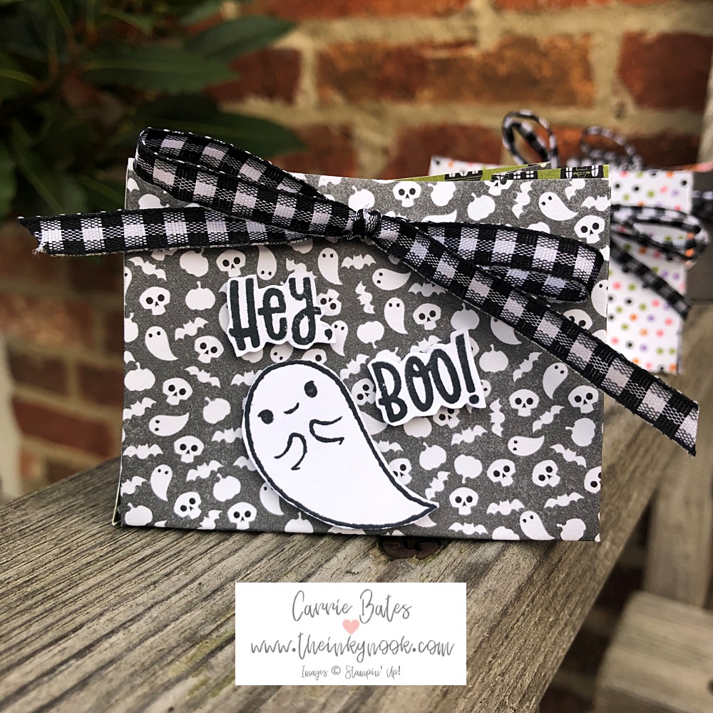 Hey Boo mini Halloween treat bag with a picture of a ghost and tied with black and white gingham ribbon
