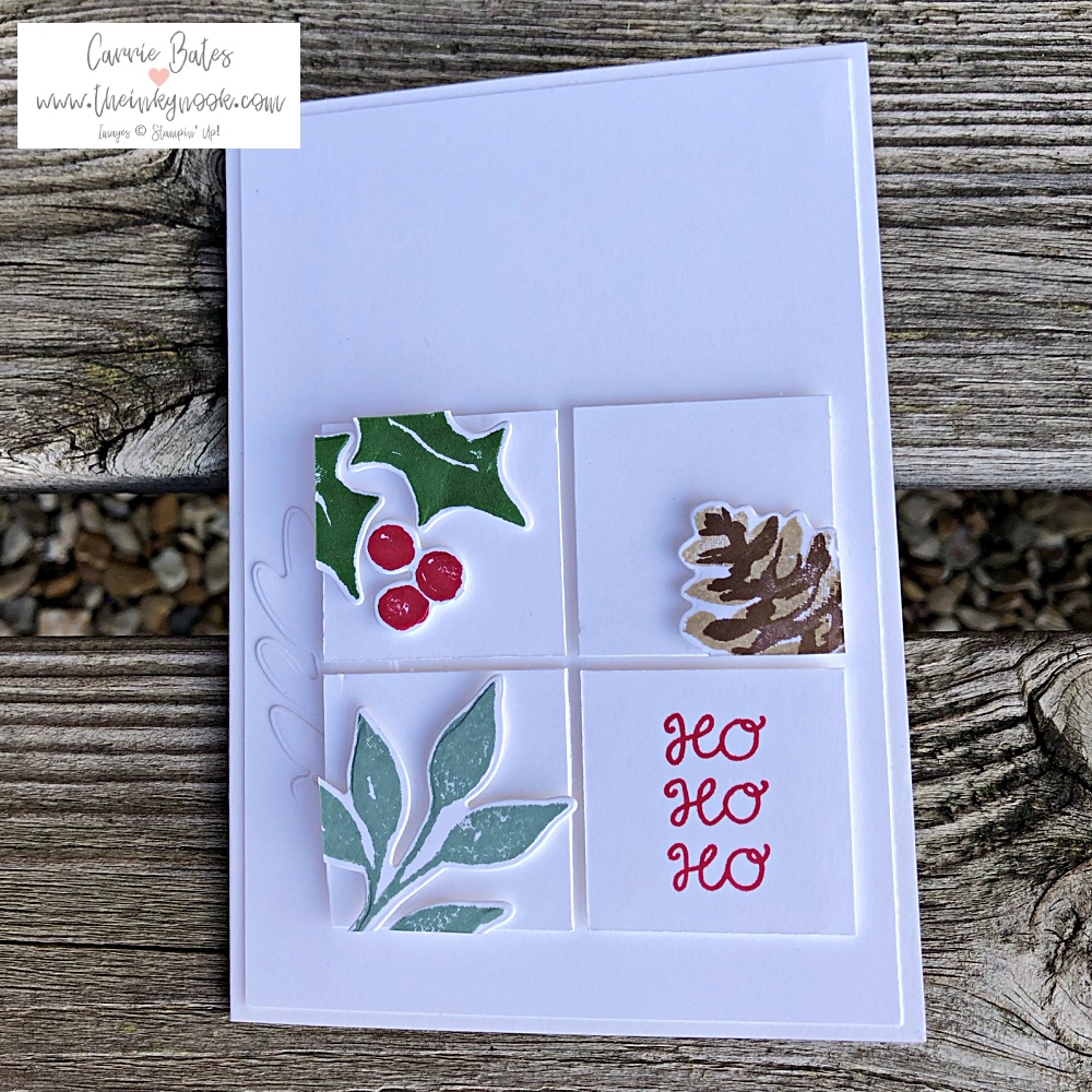 Image is a white Christmas card with 4 squares topped with cut out individual Christmas images including, holly leaves with berries, pine cone, branch and greeting reading 'ho ho ho'