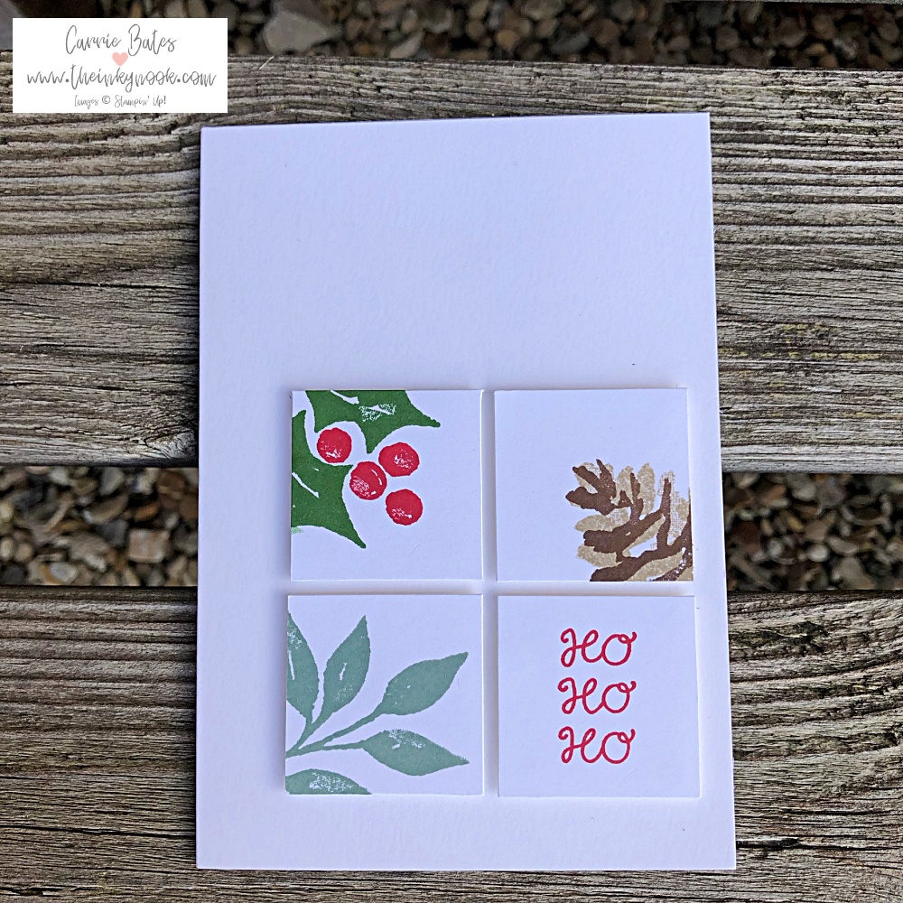 Image is a white Christmas card with 4 squares each stamped with an individual Christmas image including, holly leaves with berries, pine cone, branch and greeting reading 'ho ho ho'