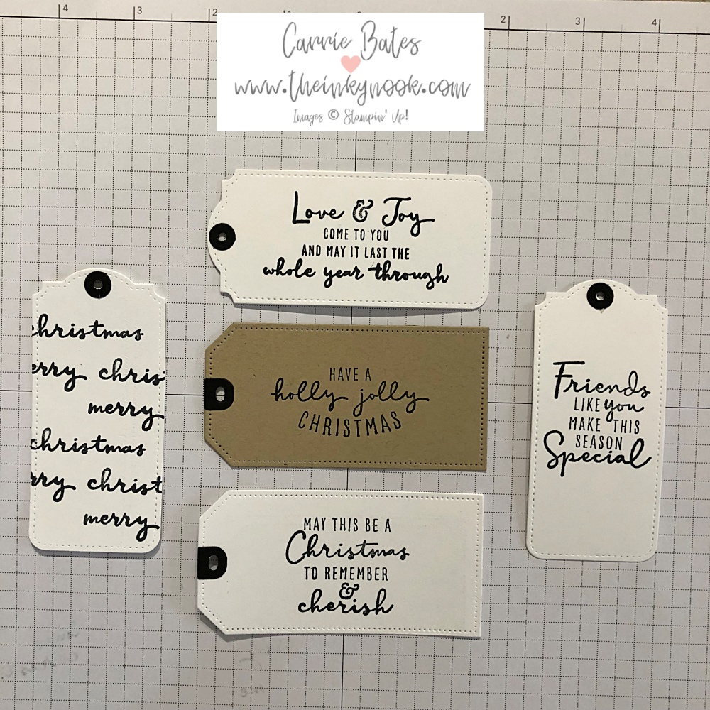 layout of quick tags to make for Christmas made from white and kraft coloured cardstock stamped with black ink greetings