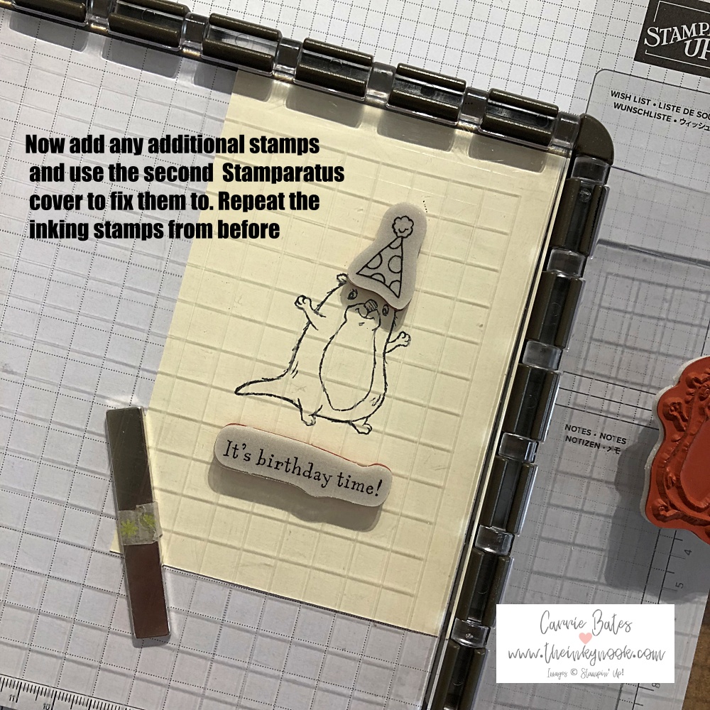 Step by step images showing how to use the Stamparatus  - a stamp positioning tool