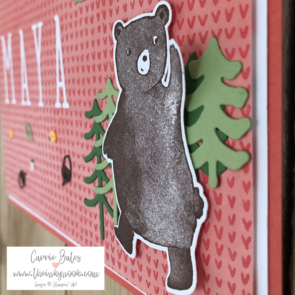Personalised door sign with a brown bear with some green trees behind him and scattered leaves, daisies and acorns