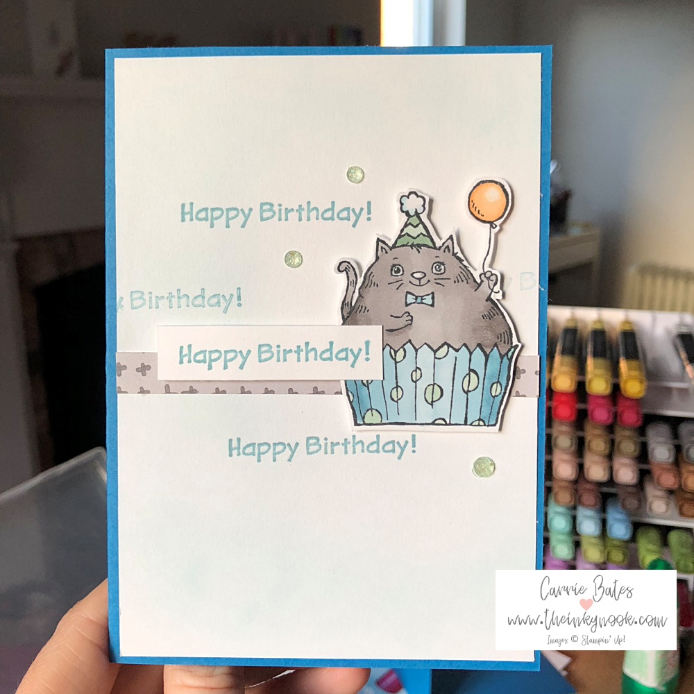 Grey cat sat in a blue cupcake case with green spots and a happy birthday greeting. A cute cat birthday card.