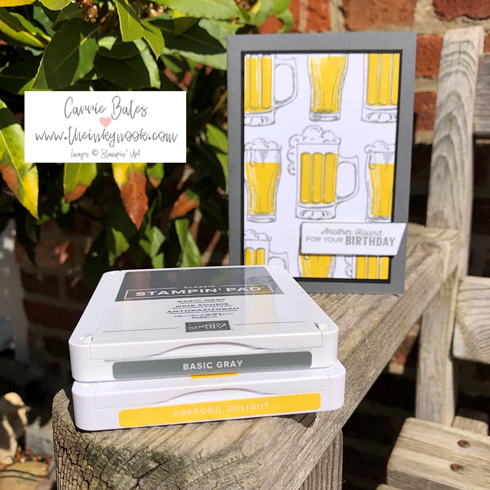 Beer themed male birthday card set behind 2 ink pads in a dark grey and daffodil yellow.