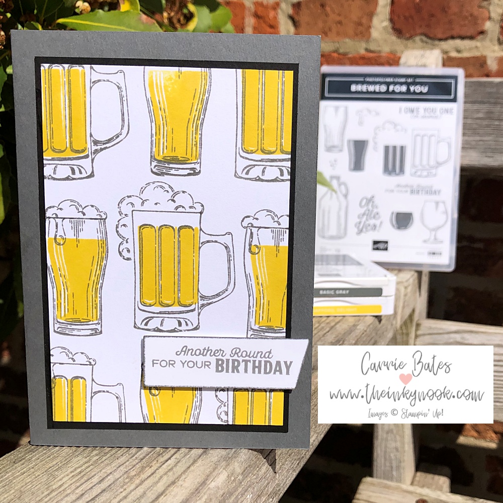 Beer themed male birthday card on a dark grey card base topped with multiple beer tankard and glass images filled with beer. The beer glass layer is framed on top of a black frame. The greeting reads "another round for your birthday"