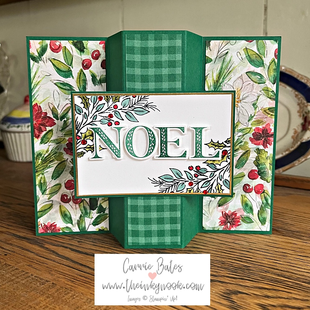 Green easy fun fold card with three Christmas paper panels. Two panels either side are covered with Christmas leaves, poinsettas and holly berries. Focal panel is stamped with holly leaves and berries coloured in and the word NOEL spelt out in green