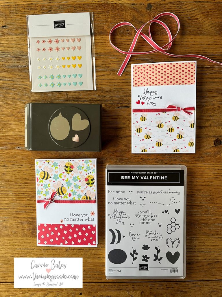Simple card template with 2 panels of bee themed papers along with flowers and hearts