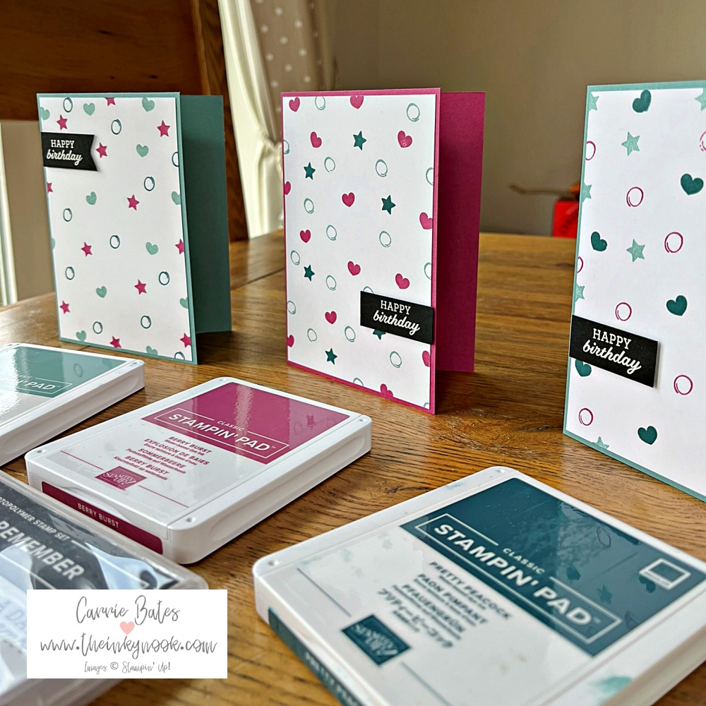 3 quick and easy birthday cards using the colour combination: Berry Burst (deep pink), Lost Lagoon (mid tone blue-green) and Pretty Peacock(deep blue-green). Cards showing the heart, star and circle stamped coloured images and an embossed white happy birthday greeting on black cardstock