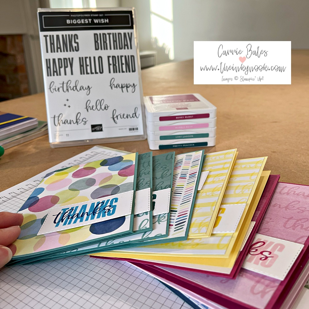Multiple quick thank you cards with a coloured card base and decorative paper top layer. This is topped with a thank you greeting in different colours on each card
