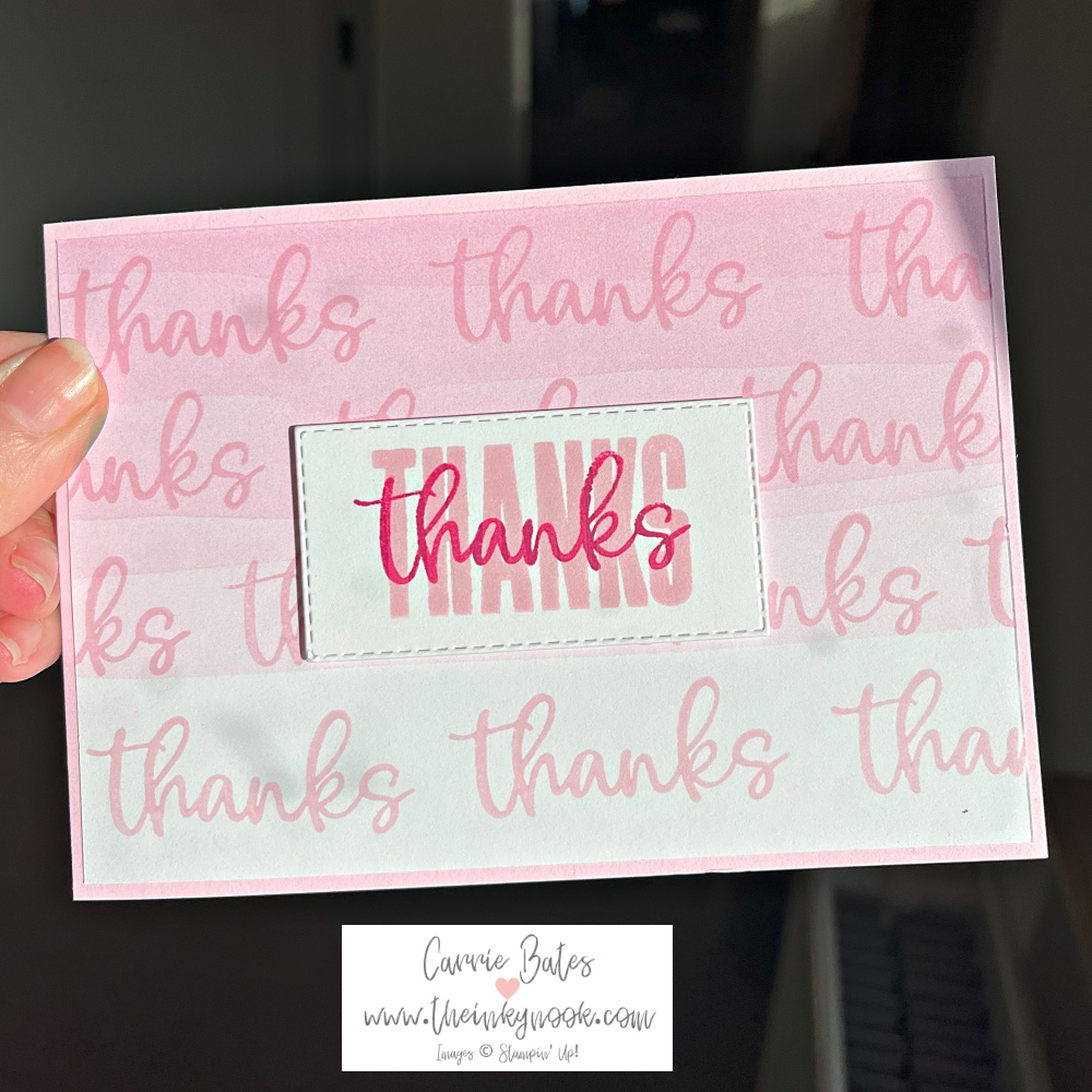 3 card images showing a quick thank you card in a spotty version, green version and pink version. Each topped with a coordinating colour "thank you" greeting
