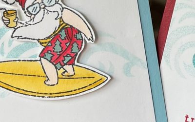 Make this Surfing Santa fun Christmas card and get colouring