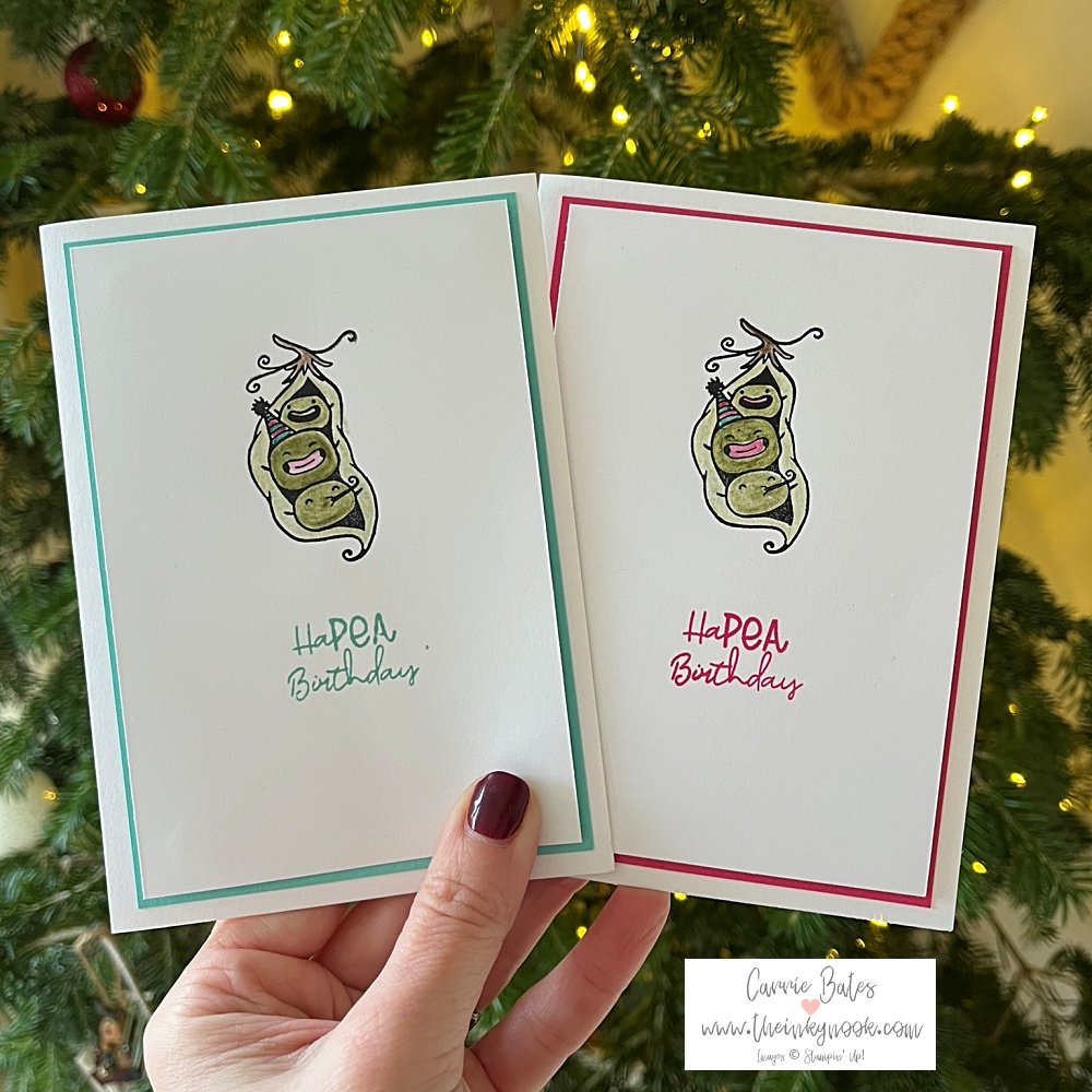 Simple birthday card in two ways. Both have white card bases with a pea pod filled with peas with party faces in a row. One card has a pink frame and the other has a blue frame.