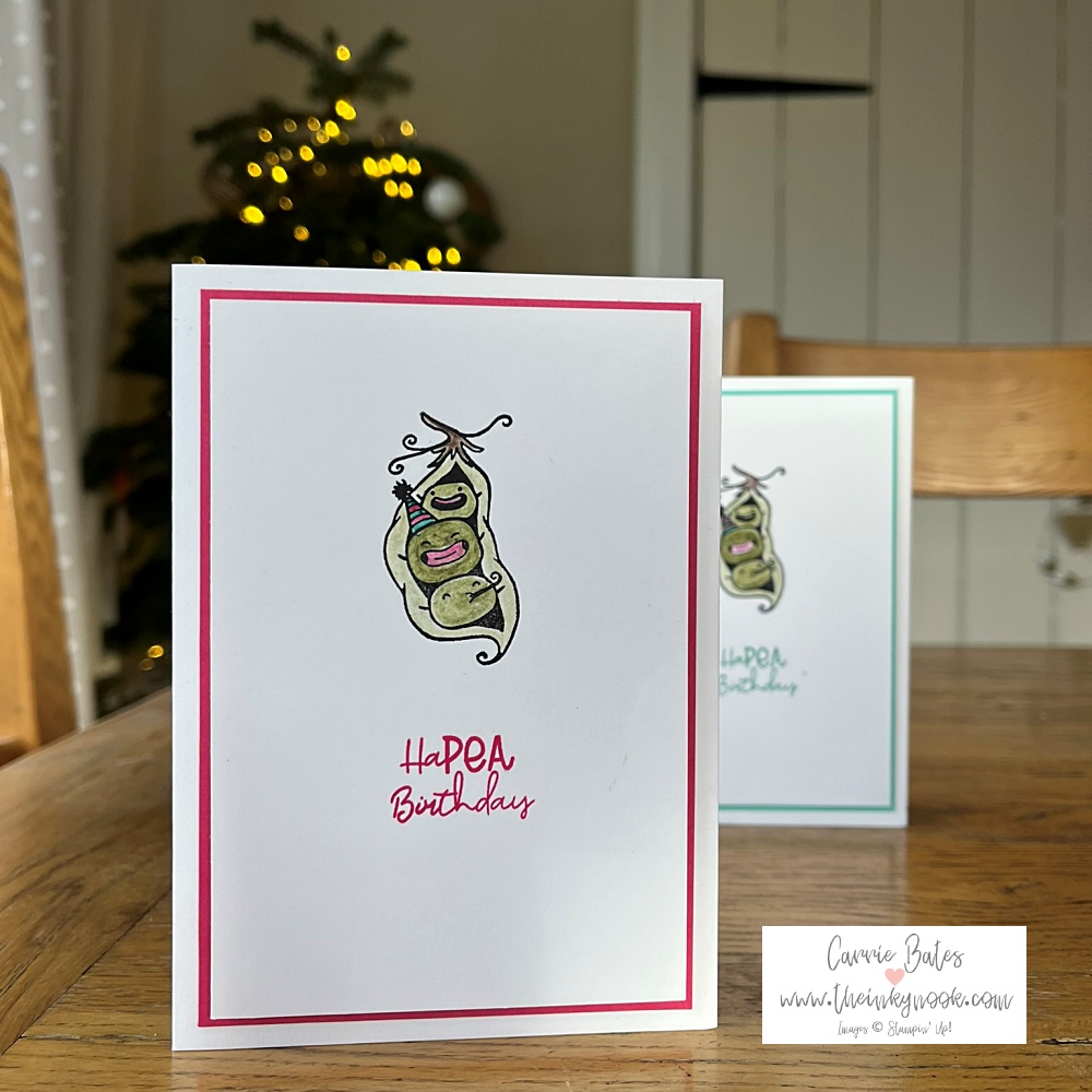 Simple birthday card in two ways. Both have white card bases with a pea pod filled with peas with party faces in a row. One card has a pink frame and the other has a blue frame.